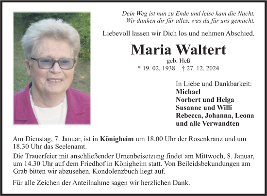 Traueranzeige von Maria Waltert von Fränkische Nachrichten