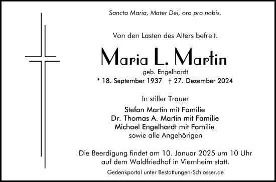 Traueranzeige von Maria L. Martin von Mannheimer Morgen