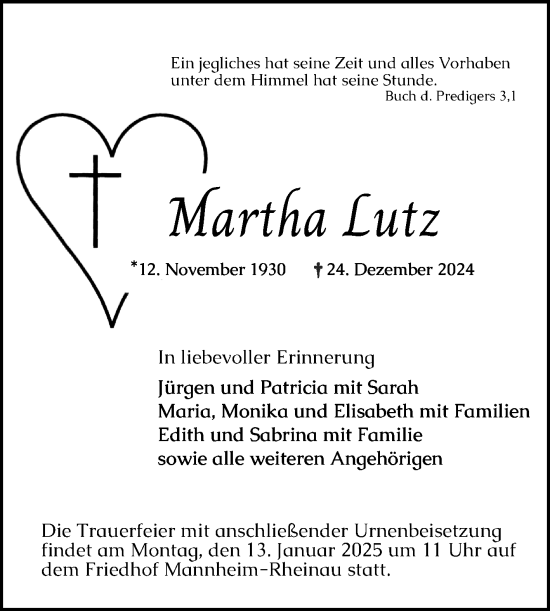 Traueranzeige von Martha Lutz von Mannheimer Morgen