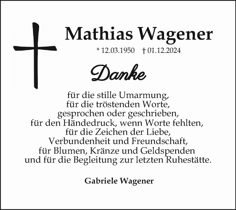  Traueranzeige für Mathias Wagener vom 25.01.2025 aus Mannheimer Morgen