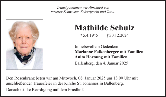 Traueranzeige von Mathilde Schulz von Fränkische Nachrichten