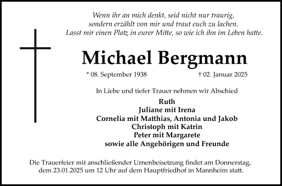 Traueranzeige von Michael Bergmann von Mannheimer Morgen