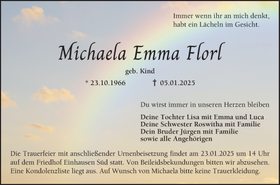 Traueranzeige von Michaela Emma Florl von Bergsträßer Anzeiger