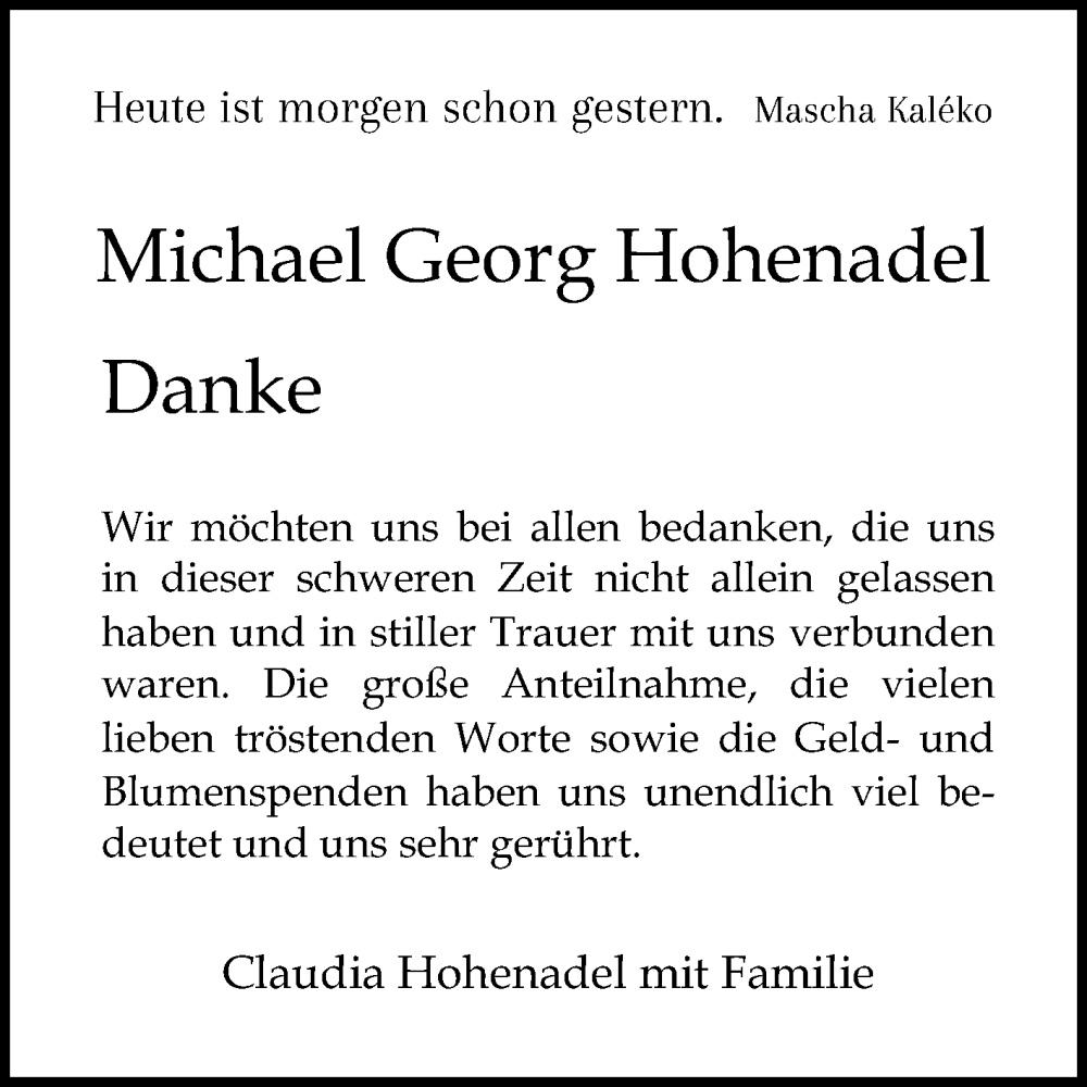  Traueranzeige für Michael Georg Hohenadel vom 25.01.2025 aus Mannheimer Morgen
