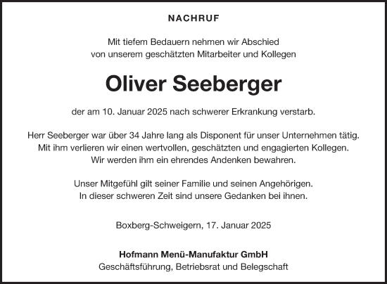 Traueranzeige von Oliver Seeberger von Fränkische Nachrichten