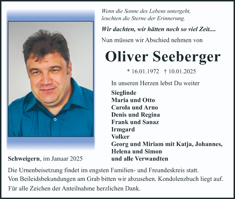  Traueranzeige für Oliver Seeberger vom 17.01.2025 aus Fränkische Nachrichten