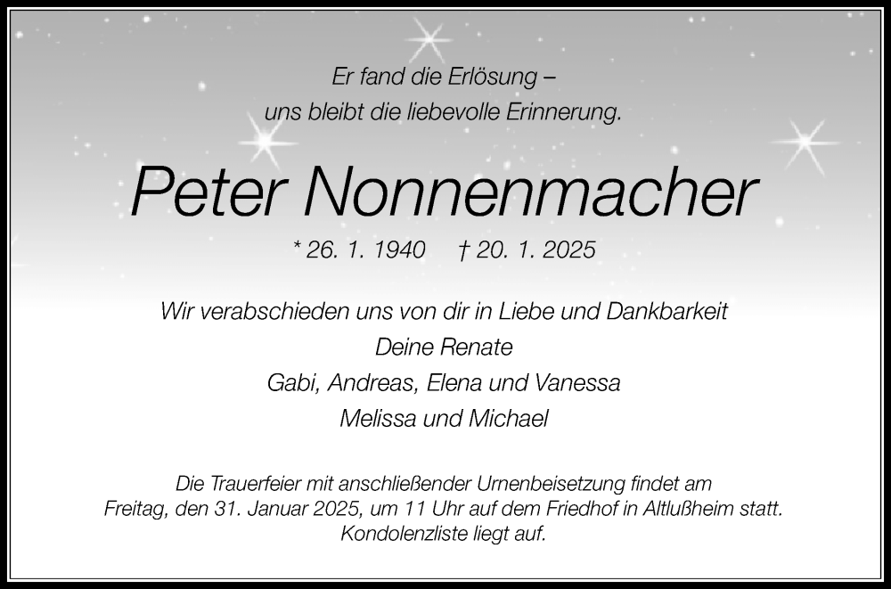  Traueranzeige für Peter Nonnenmacher vom 25.01.2025 aus Schwetzinger Zeitung