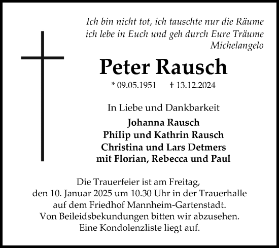 Traueranzeige von Peter Rausch von Mannheimer Morgen