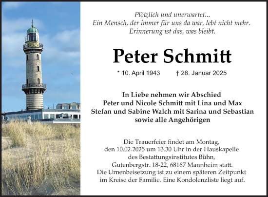 Traueranzeige von Peter Schmitt von Mannheimer Morgen