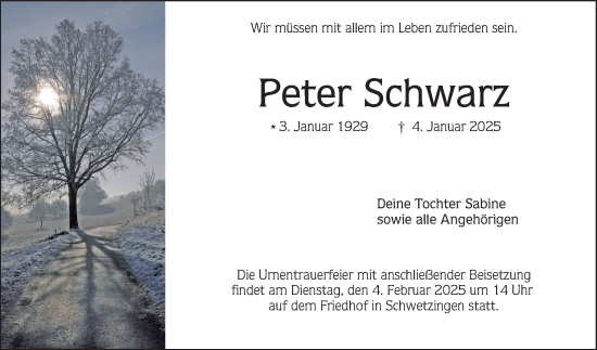 Traueranzeige von Peter Schwarz von Schwetzinger Zeitung