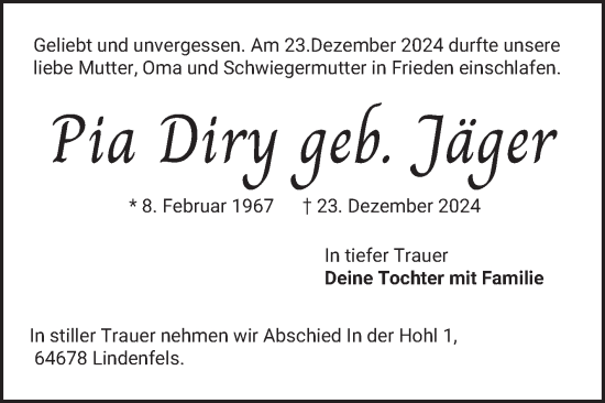 Traueranzeige von Pia Diry von Bergsträßer Anzeiger