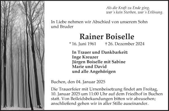 Traueranzeige von Rainer Boiselle von Fränkische Nachrichten