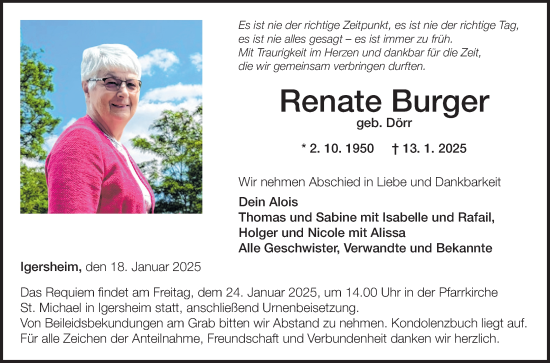 Traueranzeige von Renate Burger von Fränkische Nachrichten
