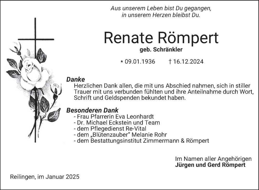 Traueranzeige für Renate Römpert vom 18.01.2025 aus Schwetzinger Zeitung