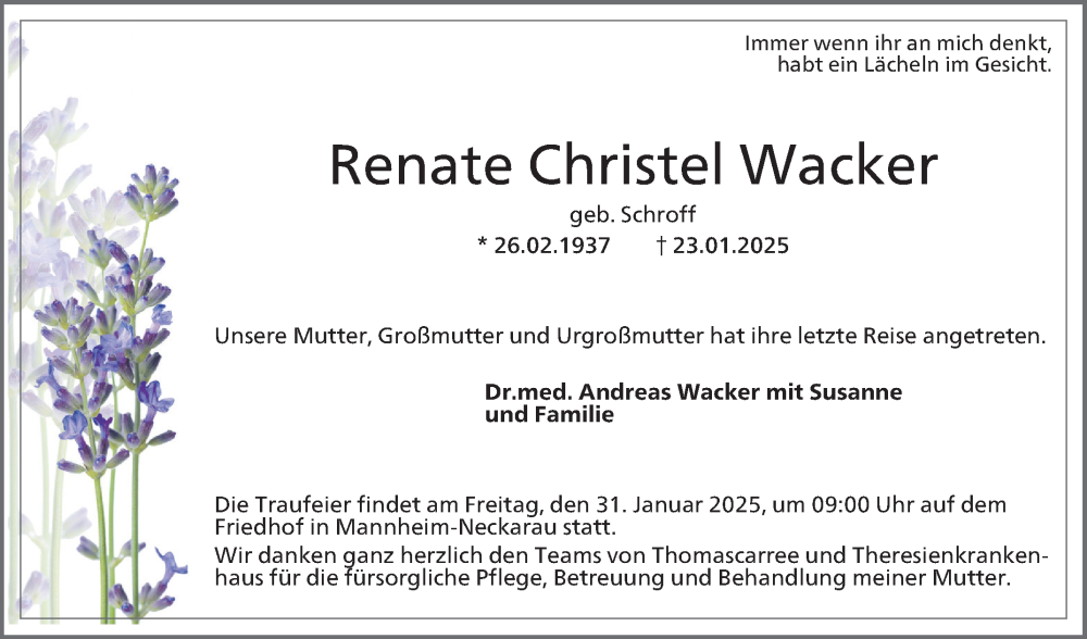  Traueranzeige für Renate  Wacker vom 28.01.2025 aus Mannheimer Morgen
