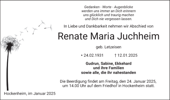 Traueranzeige von Renate Maria Juchheim von Schwetzinger Zeitung