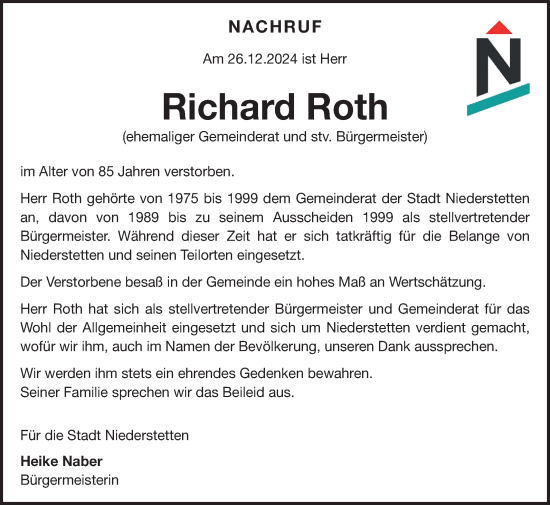 Traueranzeige von Richard Roth von Fränkische Nachrichten