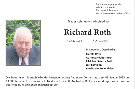 Traueranzeige von Richard Roth von Fränkische Nachrichten