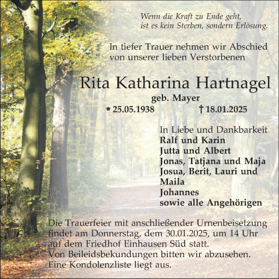 Traueranzeige von Rita Katharina Hartnagel von Bergsträßer Anzeiger