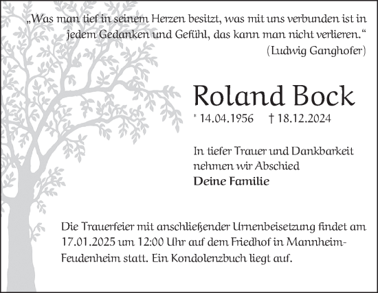 Traueranzeige von Roland Bock von Mannheimer Morgen