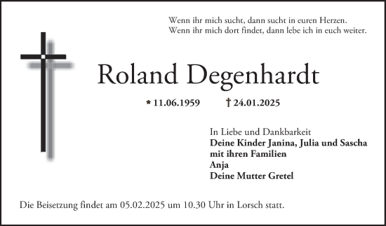 Traueranzeige von Roland Degenhardt von Bergsträßer Anzeiger