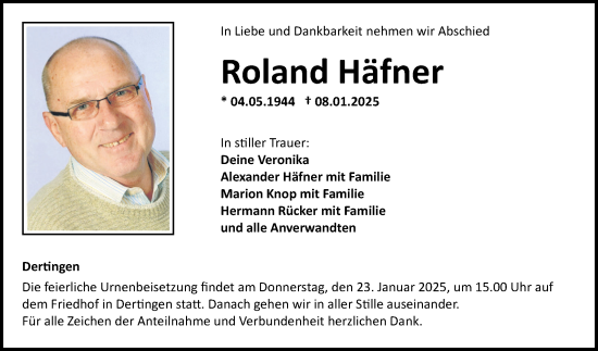 Traueranzeige von Roland Häfner von Fränkische Nachrichten