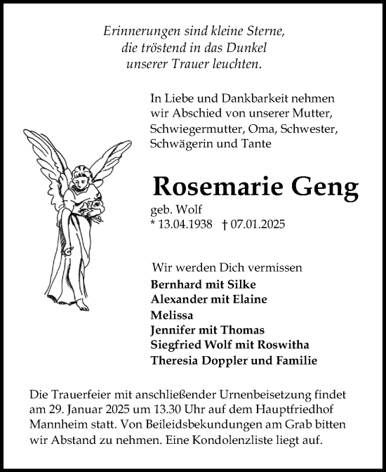 Traueranzeige von Rosemarie Geng von Schwetzinger Zeitung