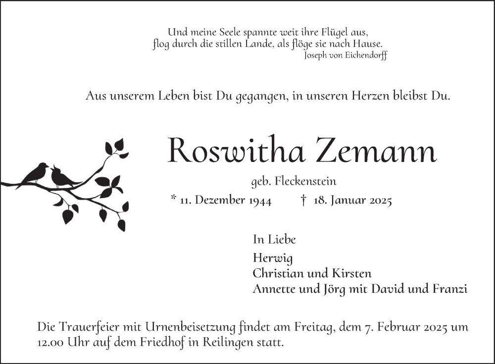  Traueranzeige für Roswitha Zemann vom 01.02.2025 aus Schwetzinger Zeitung