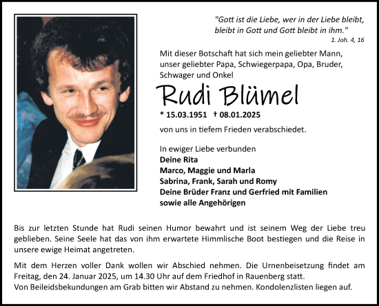 Traueranzeige von Rudi Blümel von Fränkische Nachrichten