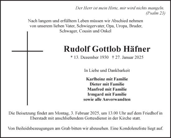 Traueranzeige von Rudolf Gottlob Häfner von Fränkische Nachrichten