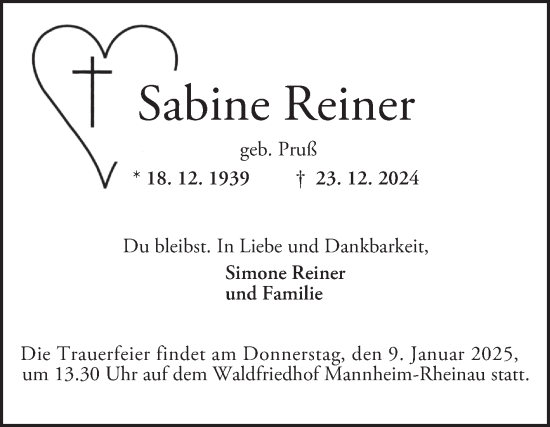 Traueranzeige von Sabine Reiner von Mannheimer Morgen