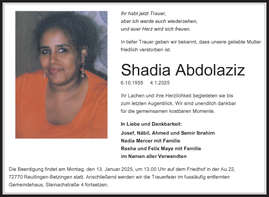 Traueranzeige von Shadia Abdolaziz von Fränkische Nachrichten