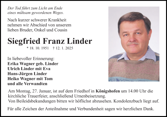 Traueranzeige von Siegfried Franz Linder von Fränkische Nachrichten