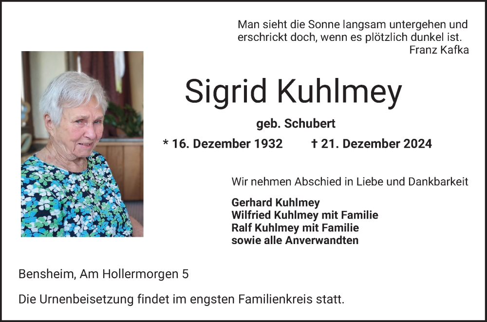  Traueranzeige für Sigrid Kuhlmey vom 04.01.2025 aus Bergsträßer Anzeiger