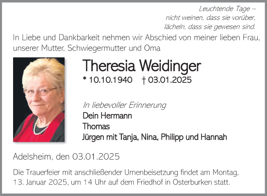 Traueranzeige von Theresia Weidinger von Fränkische Nachrichten