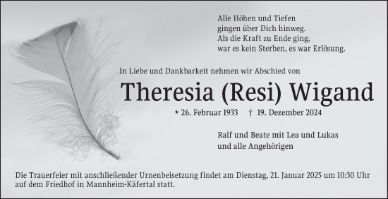 Traueranzeige von Theresia Wigand von Mannheimer Morgen