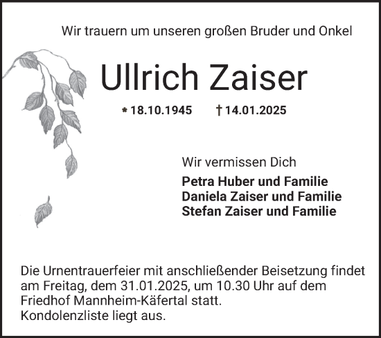 Traueranzeige von Ullrich Zaiser von Mannheimer Morgen