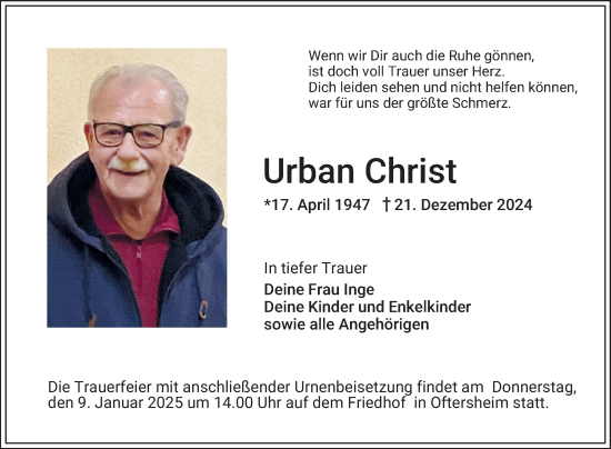 Traueranzeige von Urban Christ von Schwetzinger Zeitung