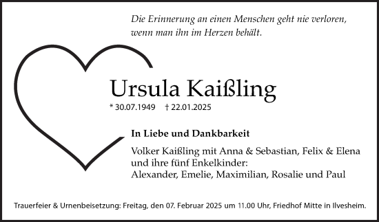 Traueranzeige von Ursula Kaißling von Mannheimer Morgen