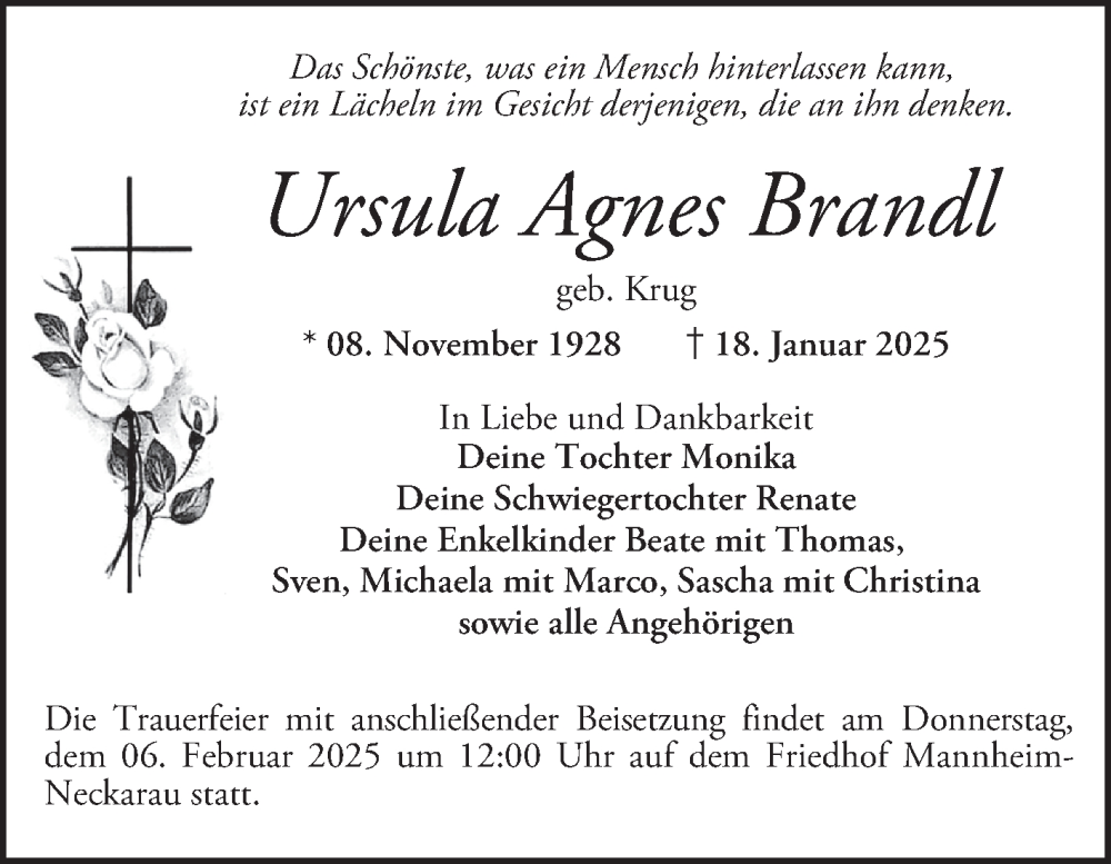  Traueranzeige für Ursula Agnes Brandl vom 01.02.2025 aus Mannheimer Morgen