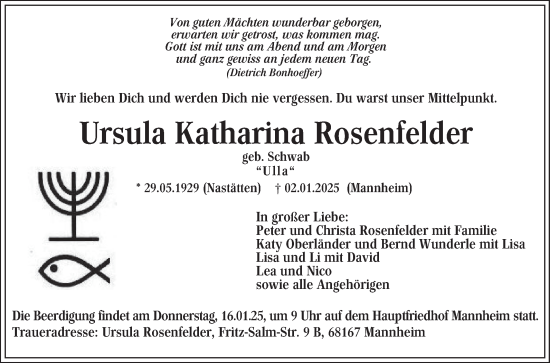 Traueranzeige von Ursula Katharina Rosenfelder von Mannheimer Morgen