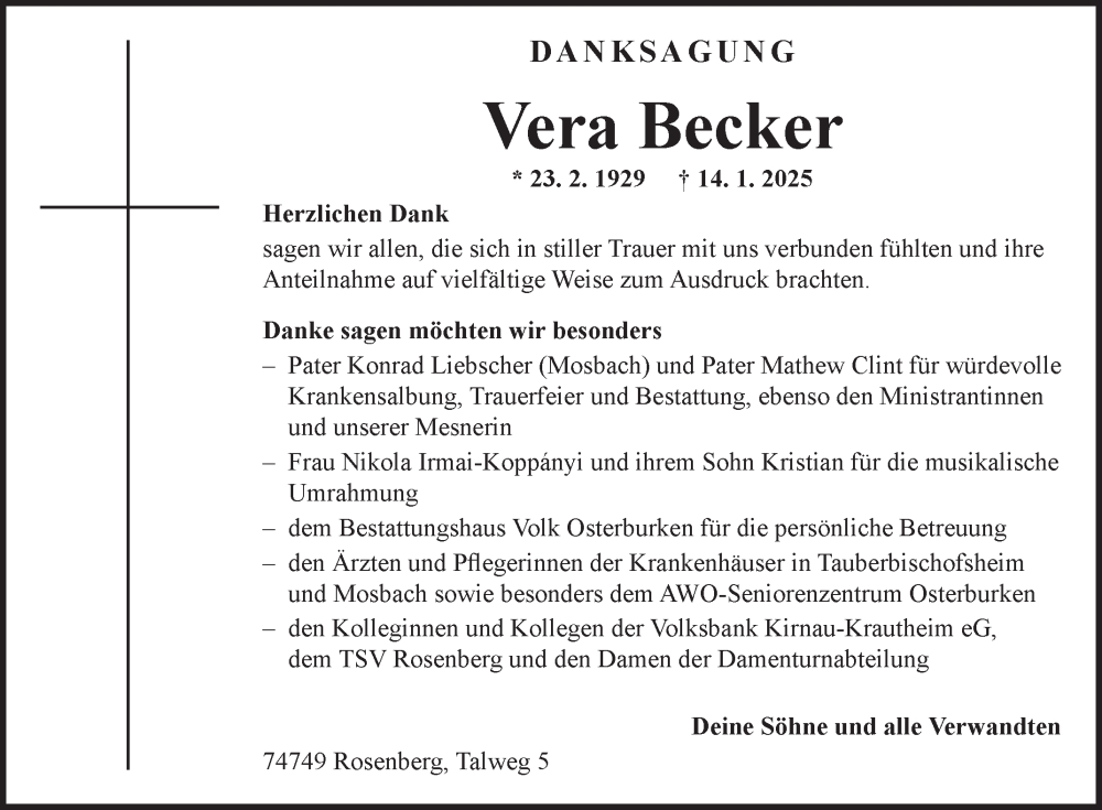  Traueranzeige für Vera Becker vom 01.02.2025 aus Fränkische Nachrichten
