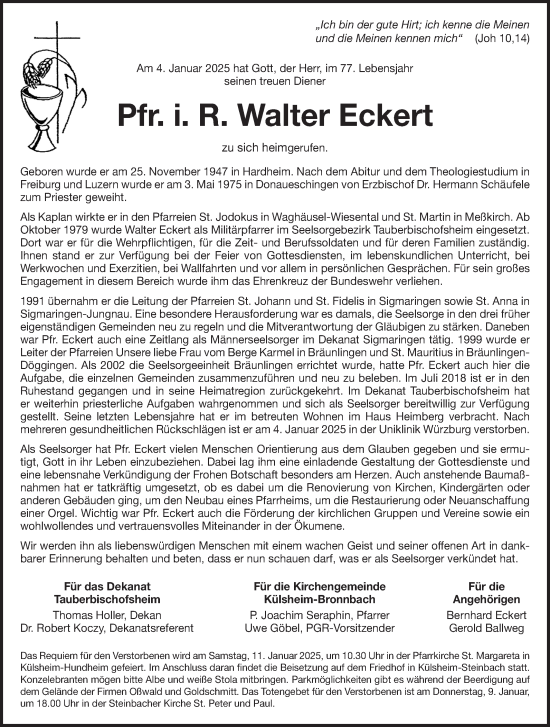 Traueranzeige von Walter Eckert von Fränkische Nachrichten