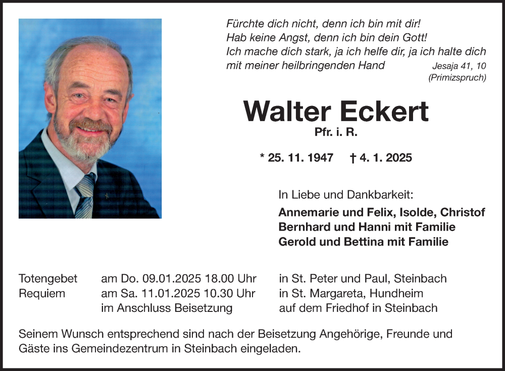  Traueranzeige für Walter Eckert vom 09.01.2025 aus Fränkische Nachrichten