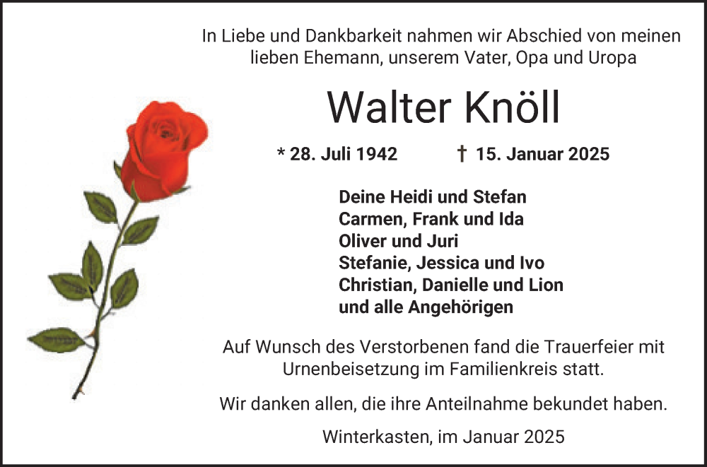  Traueranzeige für Walter Knöll vom 01.02.2025 aus Bergsträßer Anzeiger