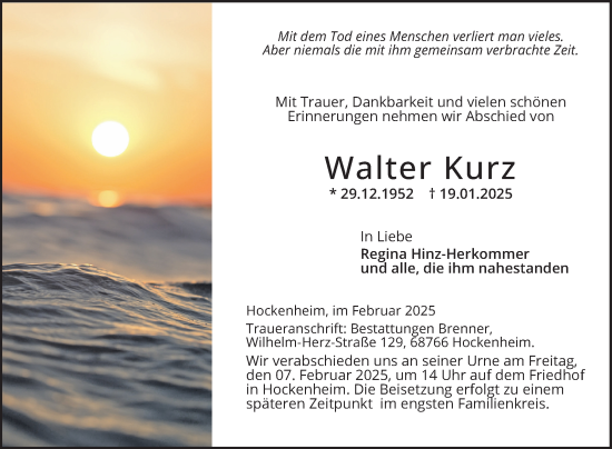 Traueranzeige von Walter Kurz von Schwetzinger Zeitung