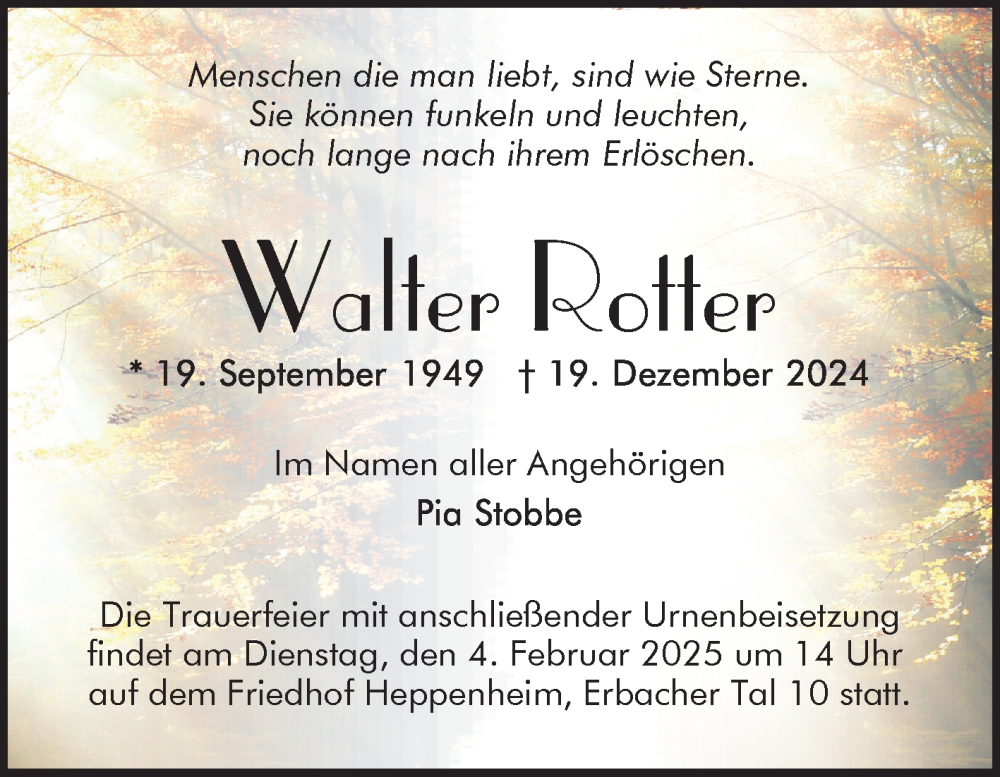  Traueranzeige für Walter Rotter vom 01.02.2025 aus Bergsträßer Anzeiger