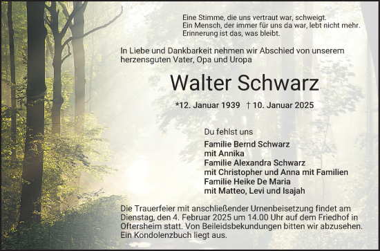 Traueranzeige von Walter Schwarz von Schwetzinger Zeitung