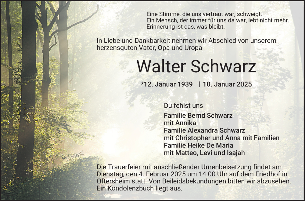  Traueranzeige für Walter Schwarz vom 01.02.2025 aus Schwetzinger Zeitung