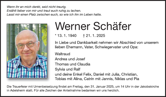 Traueranzeige von Werner Schäfer von Fränkische Nachrichten